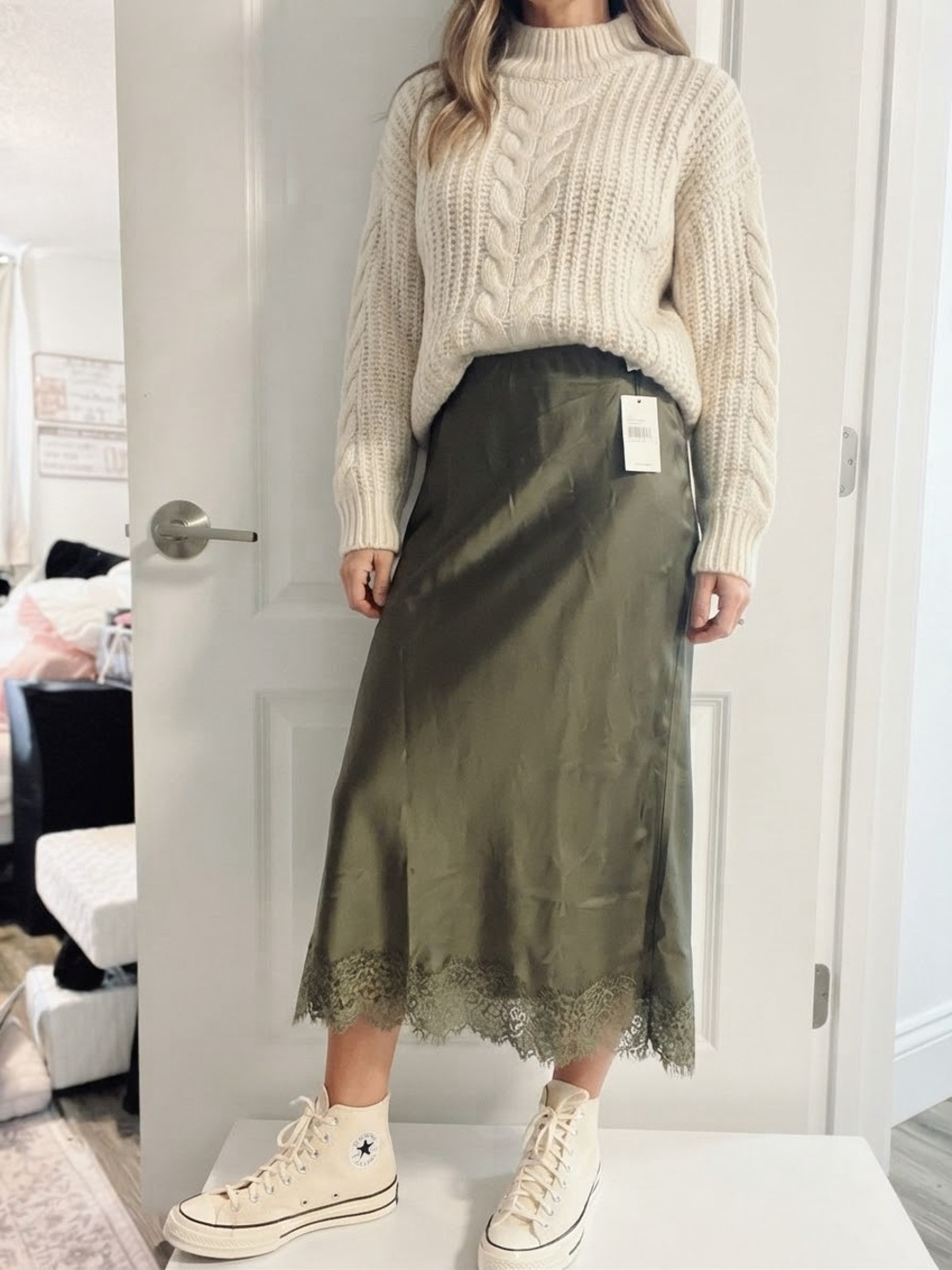 Olive Lace-Hem Satin Midi Skirt - Olive